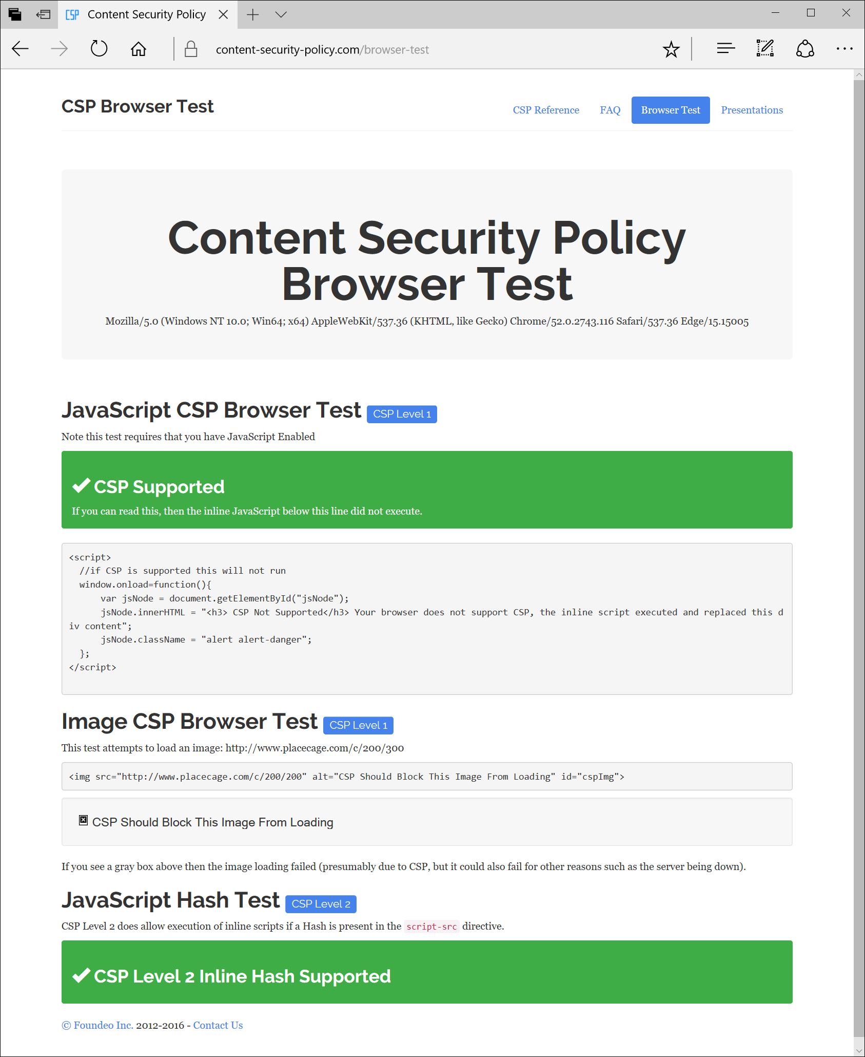 Screen capture of the Content Security Policy Browser Test loaded in Edge, with CSP and CSP Level 2 both passing.