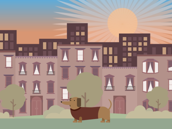 Illustration of a dog wearing a sweater in an urban park