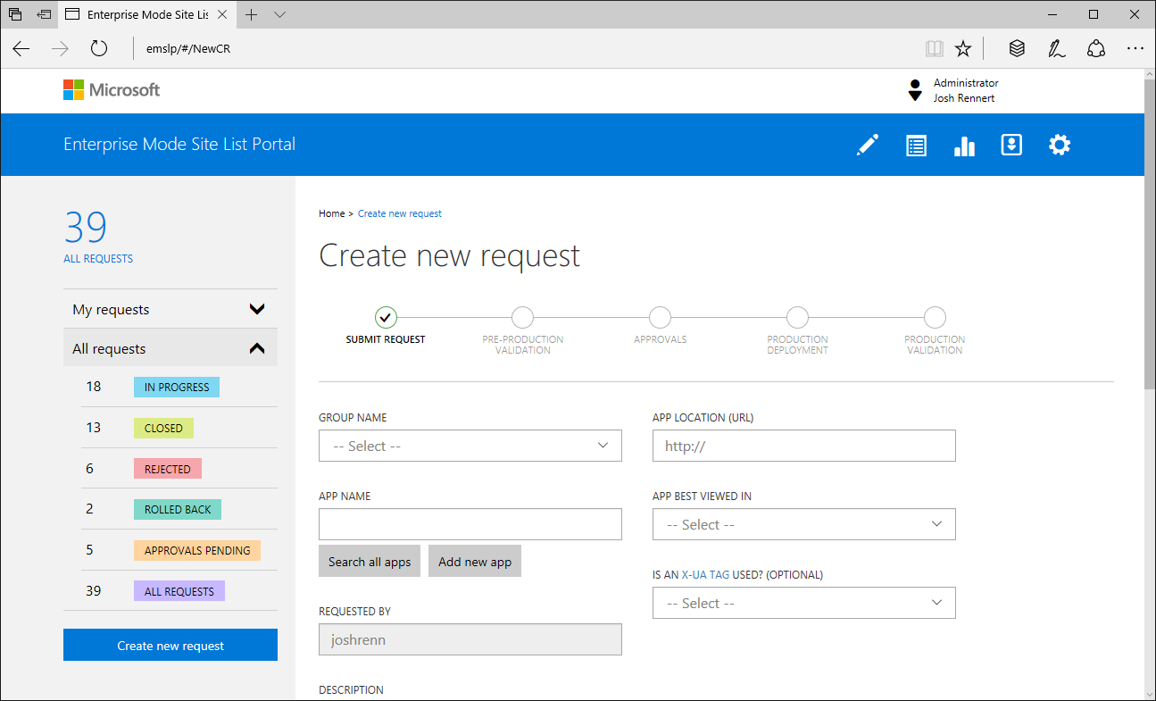 Screen capture showing the Enterprise Mode Site List Portal dashboard