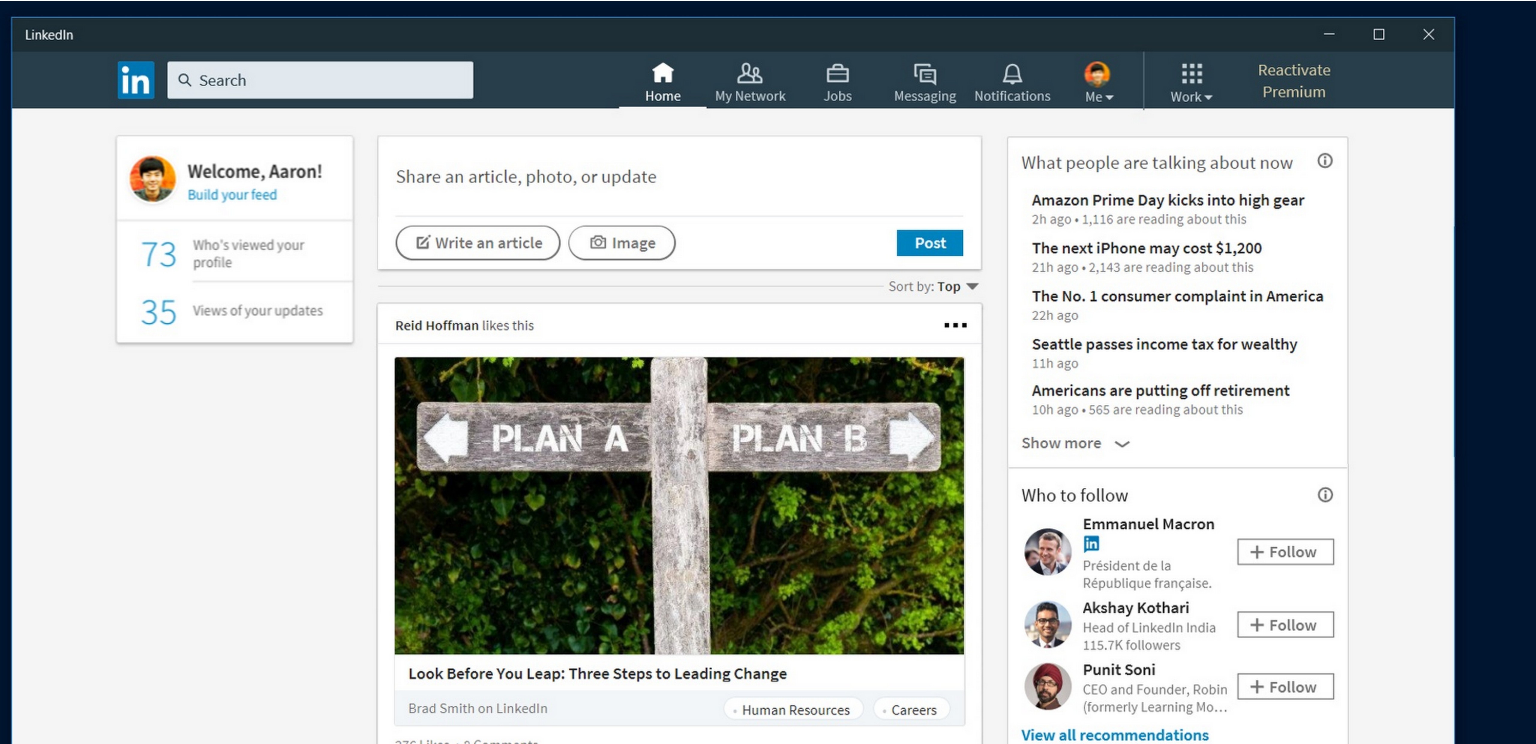 LinkedIn app for Windows 10 showing the home screen.