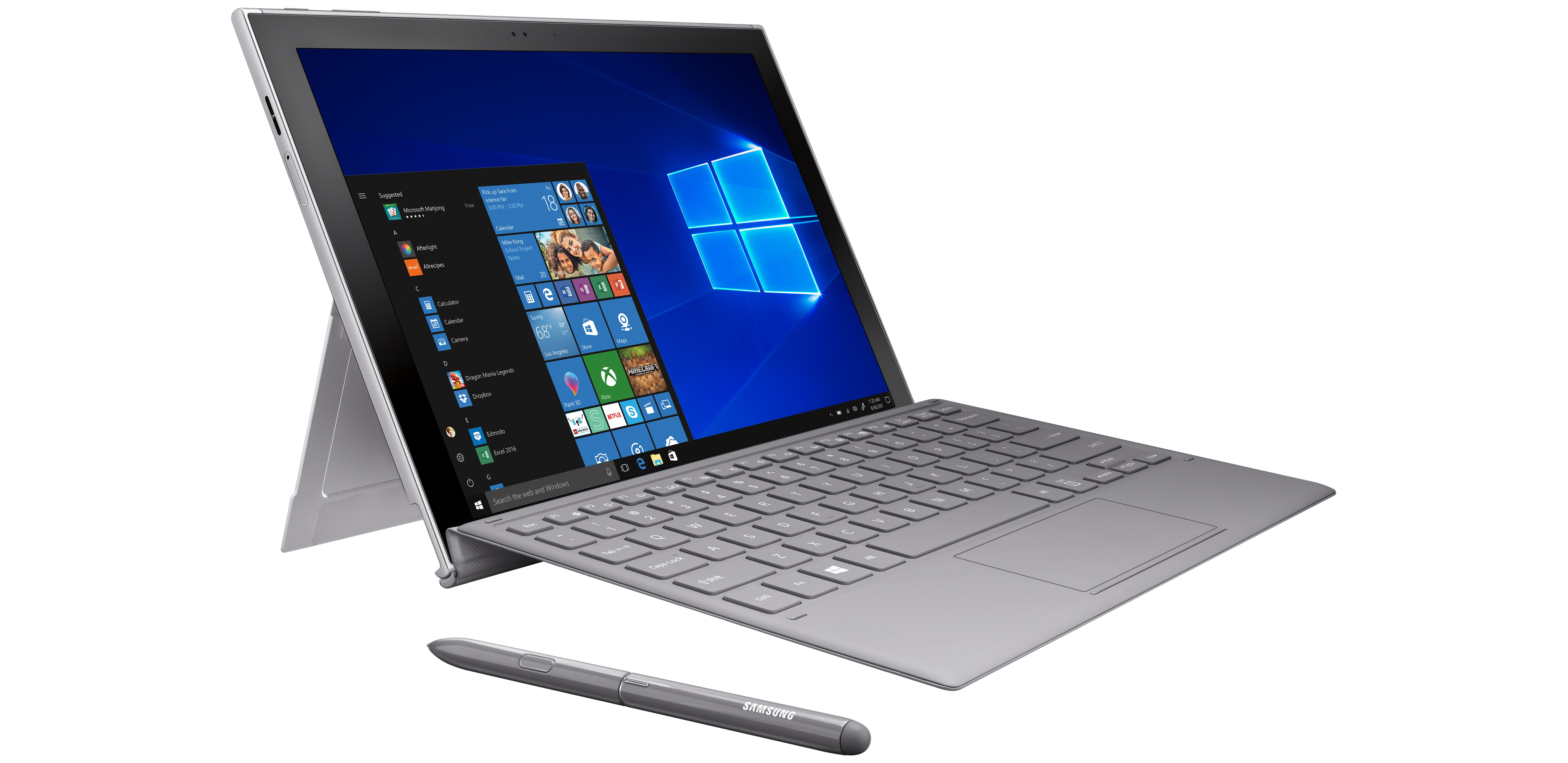 Samsung Galaxy Book2, open and facing right with included pen and keyboard
