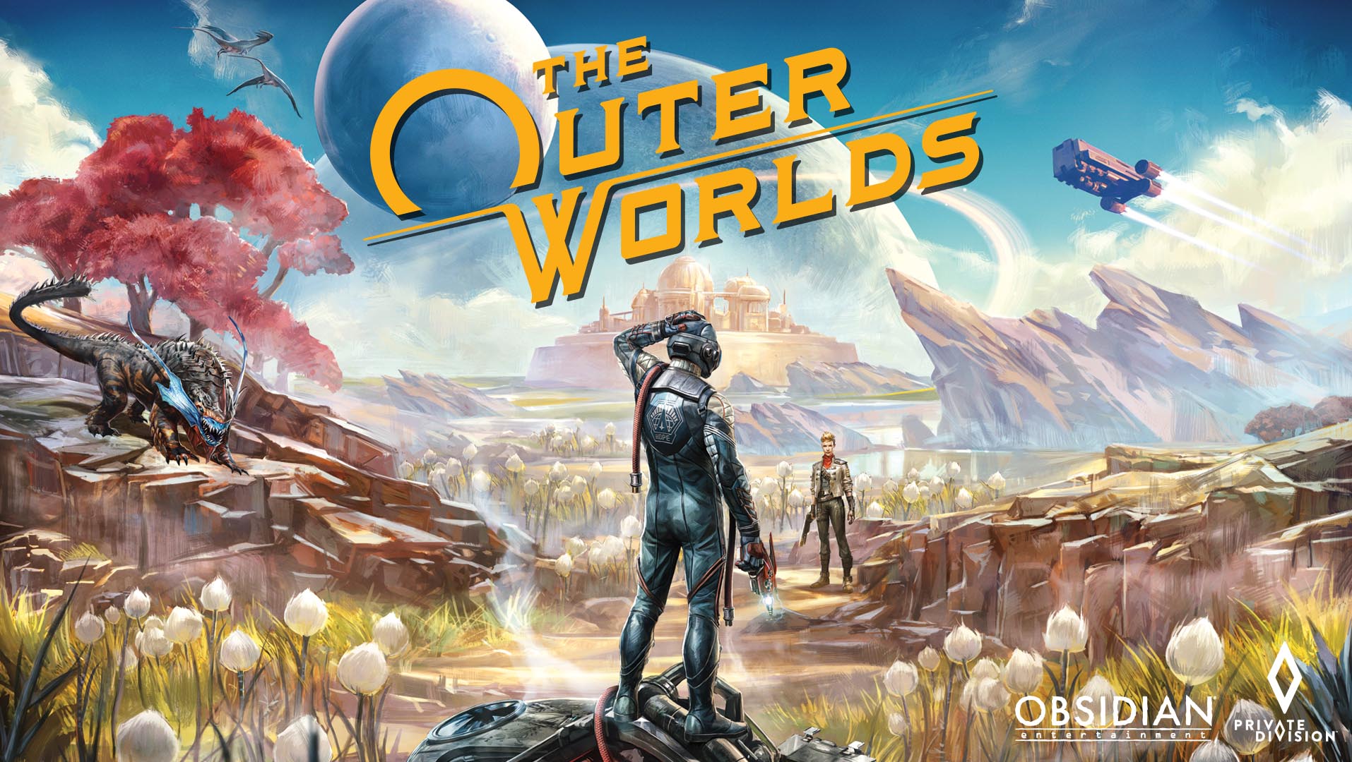 Two characters in the Outer Worlds environment