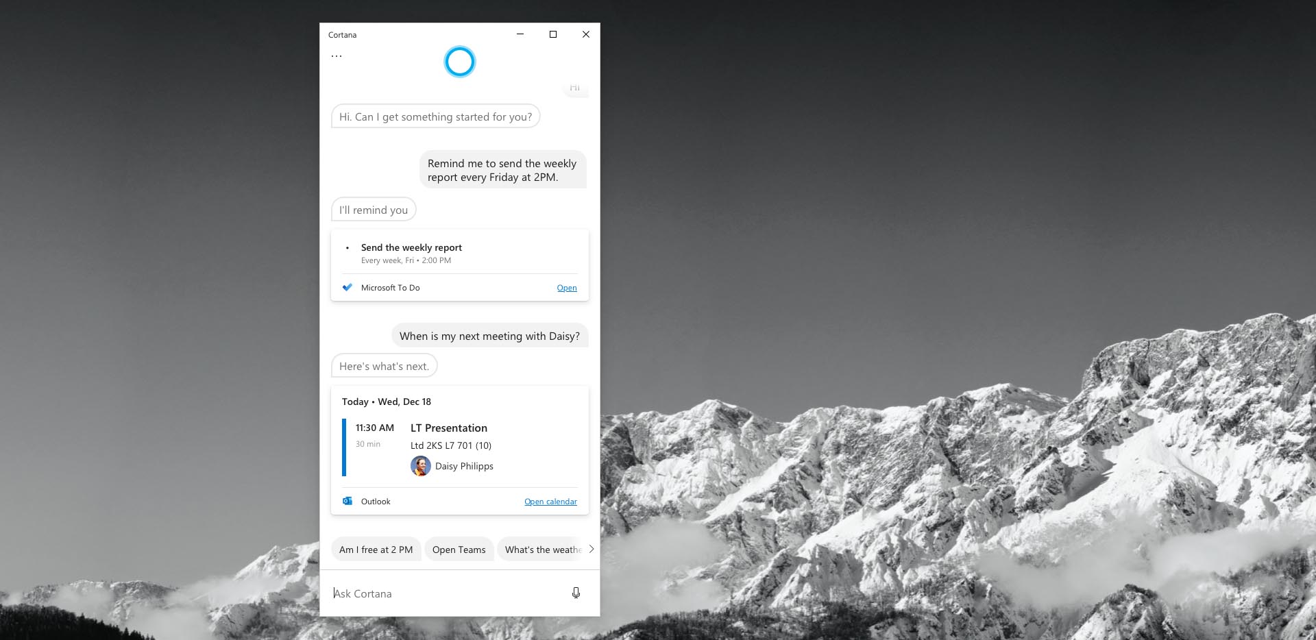 Cortana interaction with a user to set up a meeting reminder
