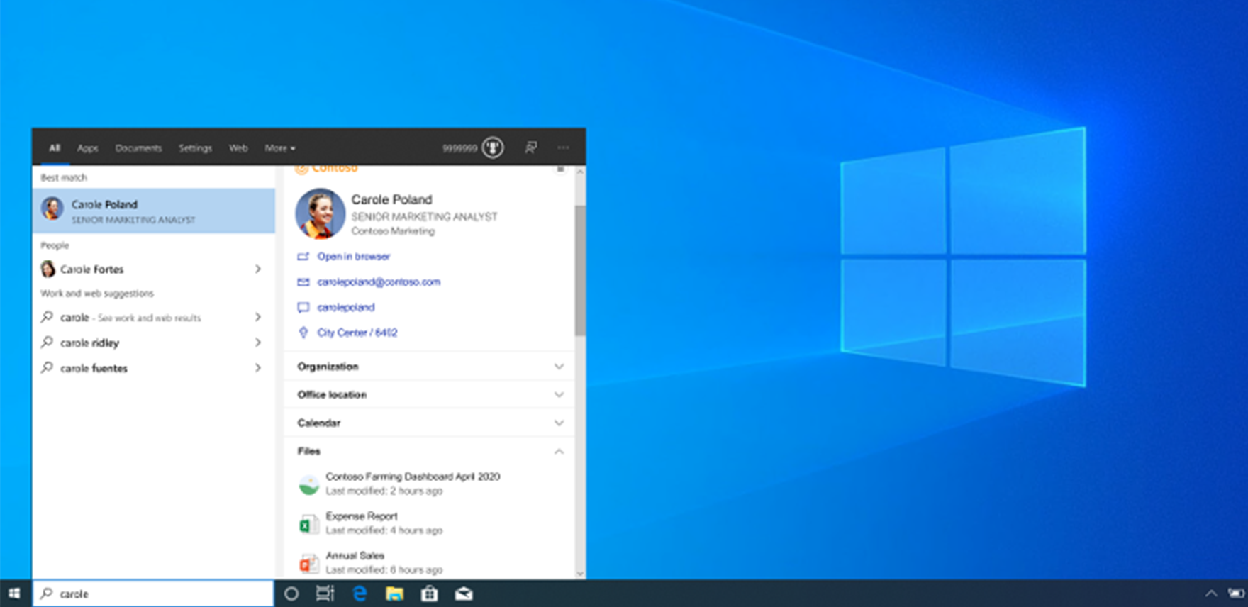 Screenshot example of looking up a coworker and finding pertinent information and shared files and apps