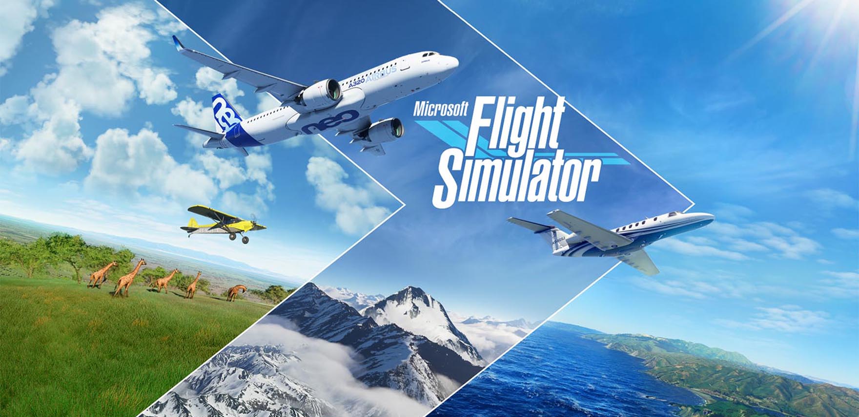 Microsoft Flight Simulator showing three planes flying over a mountain, giraffes on a plain and a coast