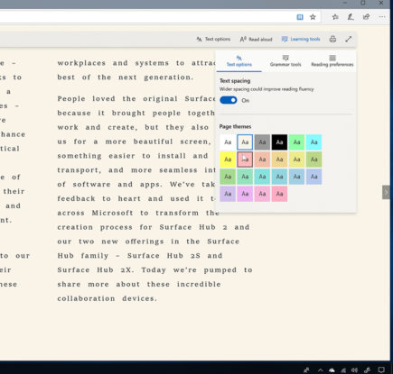 Скриншот настроек размера текста и темы в Microsoft Edge