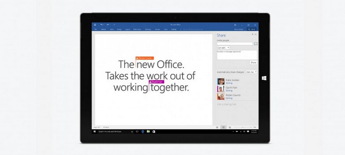 Office 2016 running on a Microsoft Surface Pro 3