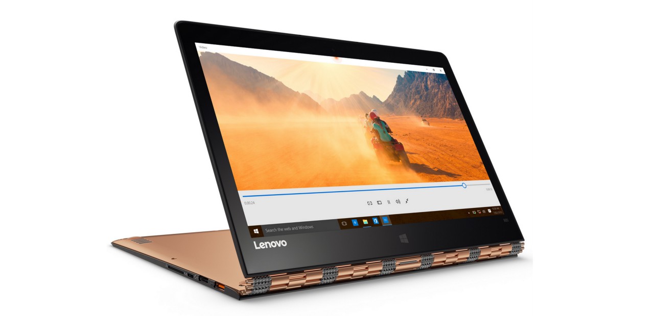 Lenovo YOGA 900 showing watchband hinge & screen in stand mode (Champagne Gold)