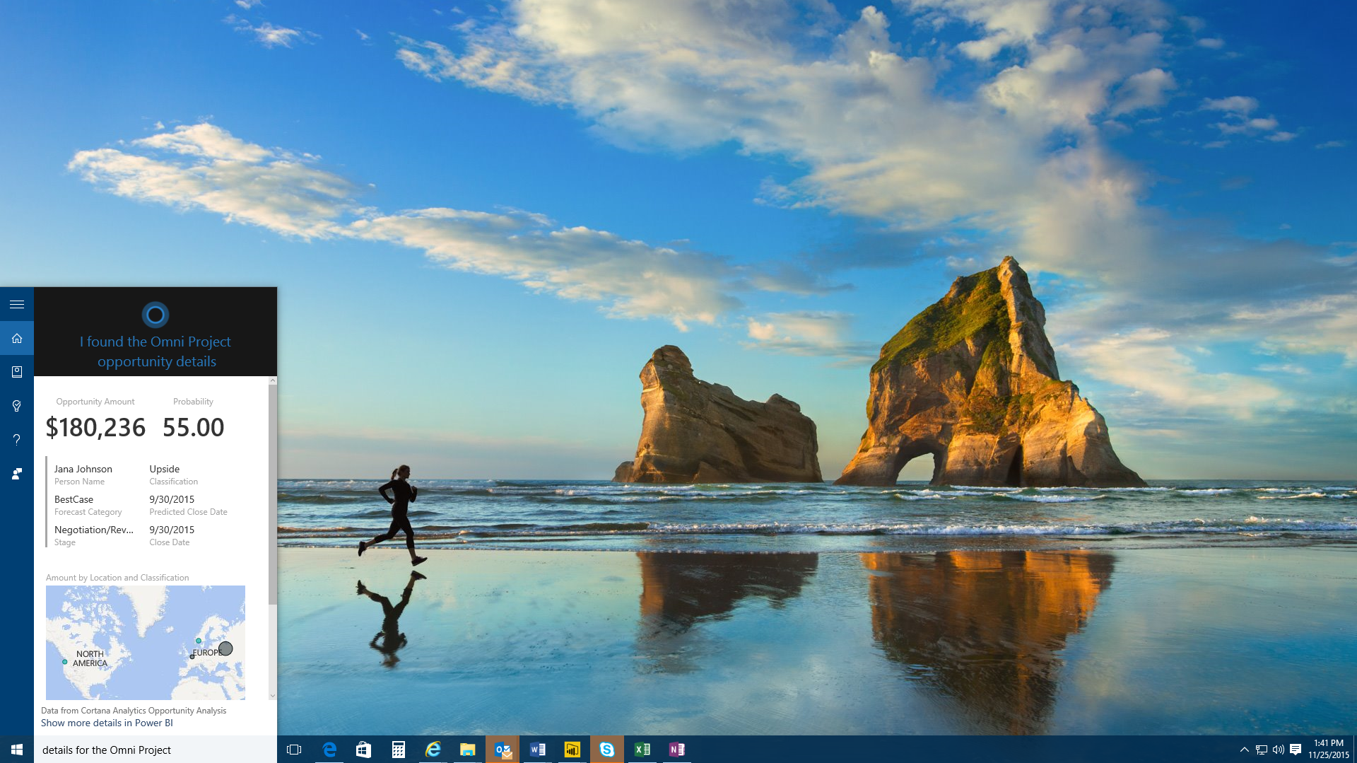 By integrating with Power BI, Cortana can give you answers directly from key business data.
