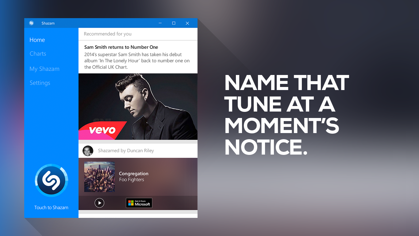Shazam for Windows 10 Home Screen