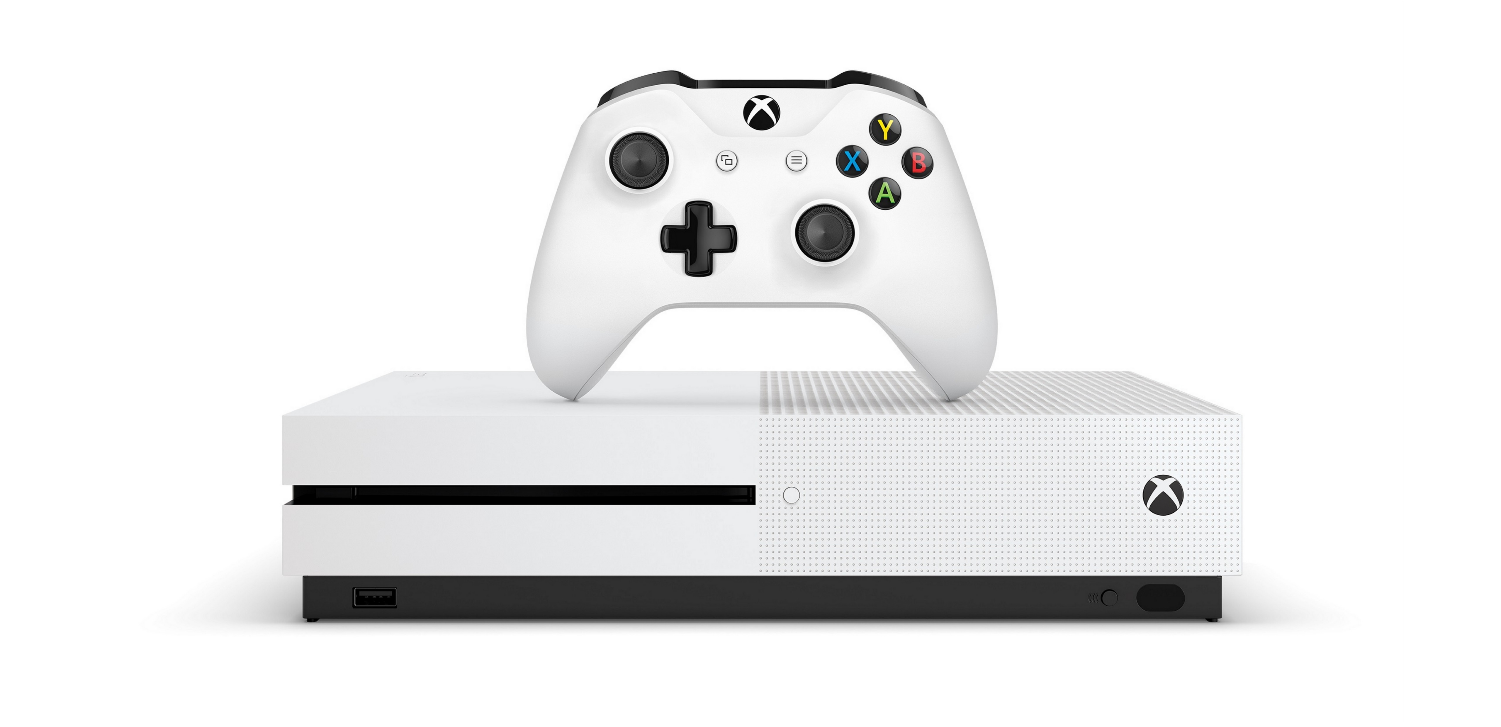 Xbox One S shown with Xbox Wireless Controller in white.