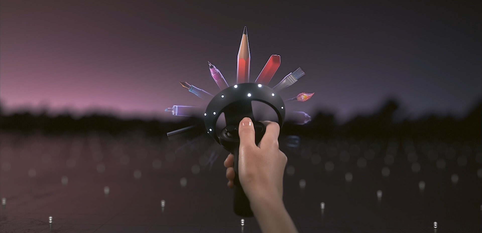 Windows Mixed Reality motion controller being held up by a person's hand.