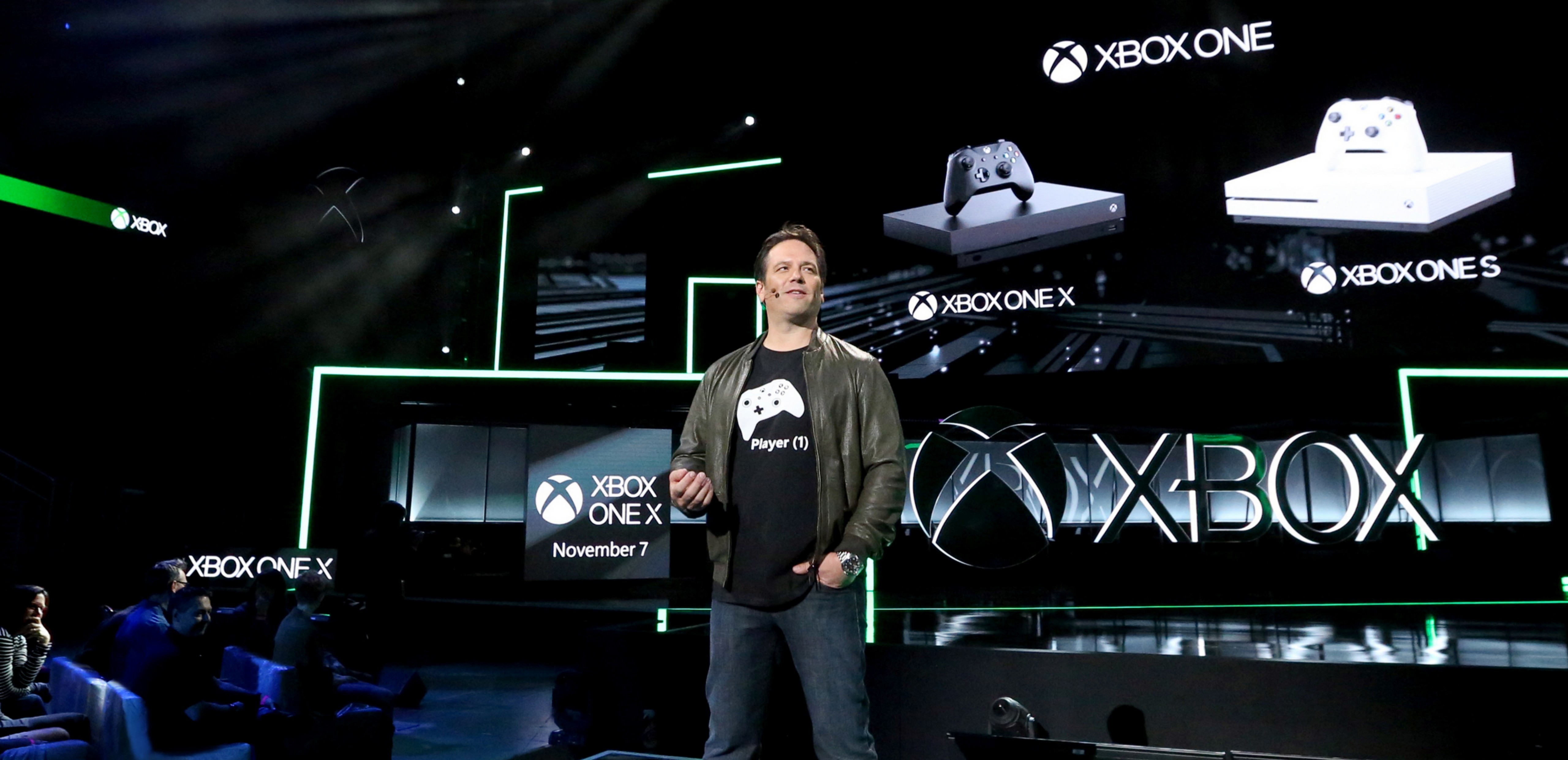 Phil Spencer, Head of Xbox, discusses the Xbox One family of devices, including Xbox One X, at the Xbox E3 2017 Briefing on Sunday, June 11, 2017 in Los Angeles.