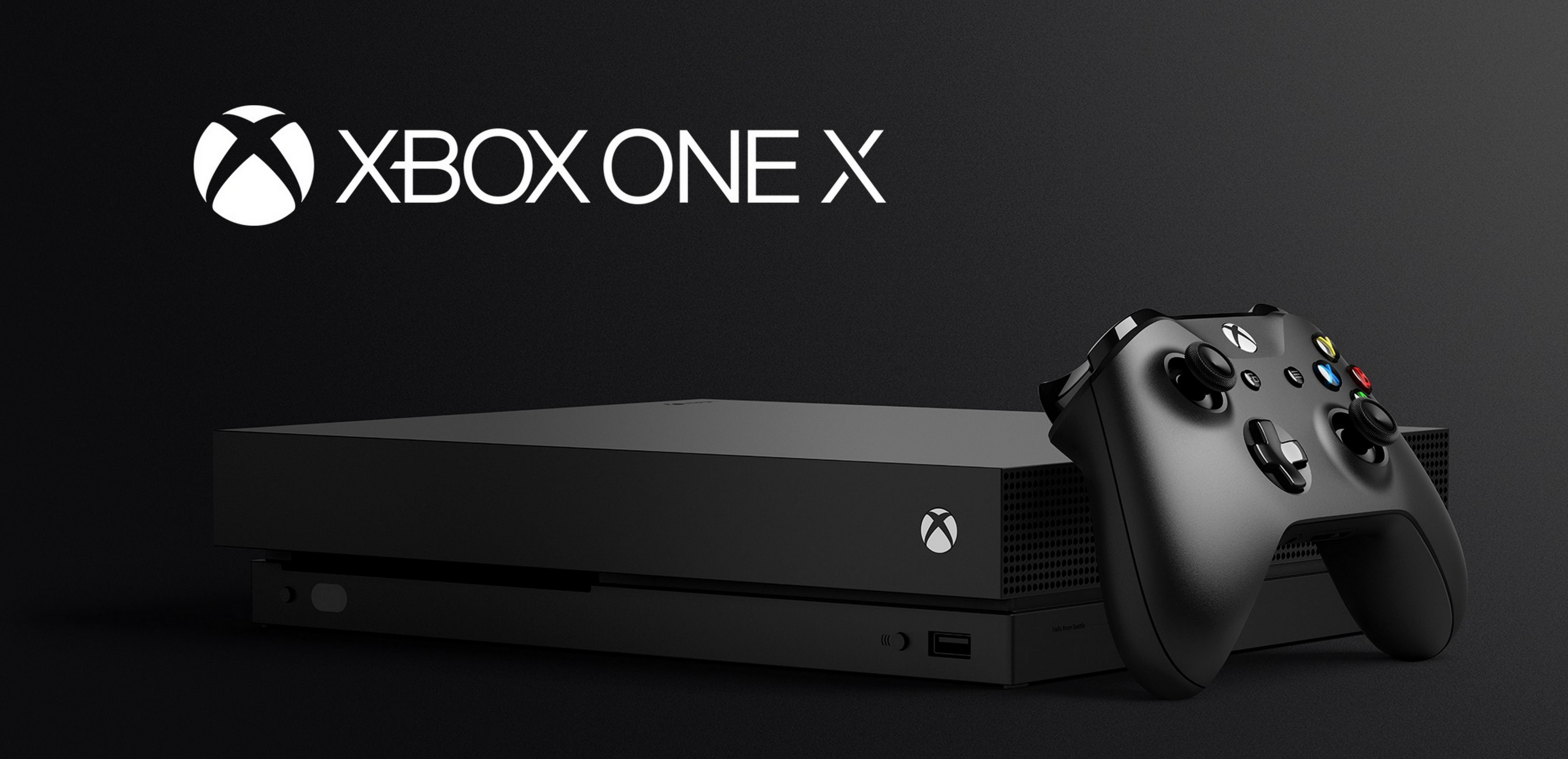 Xbox One X with Controller Tilted Gray Background