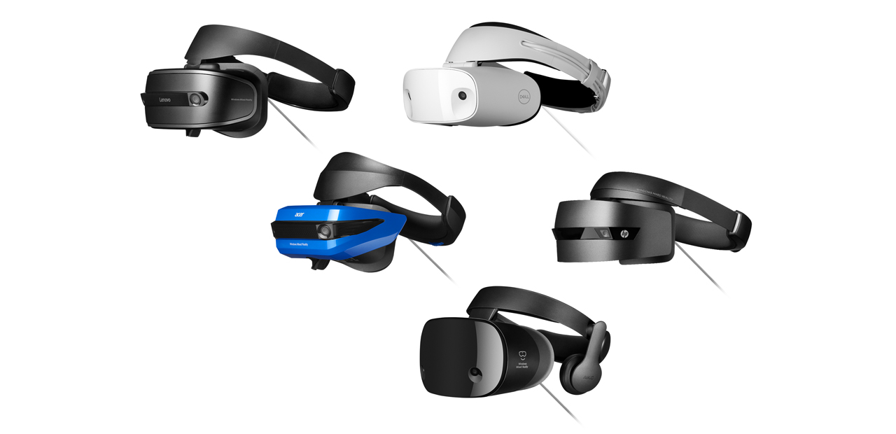Collage of Windows Mixed Reality headsets including, HP, Dell, Lenovo, Acer and Samsung