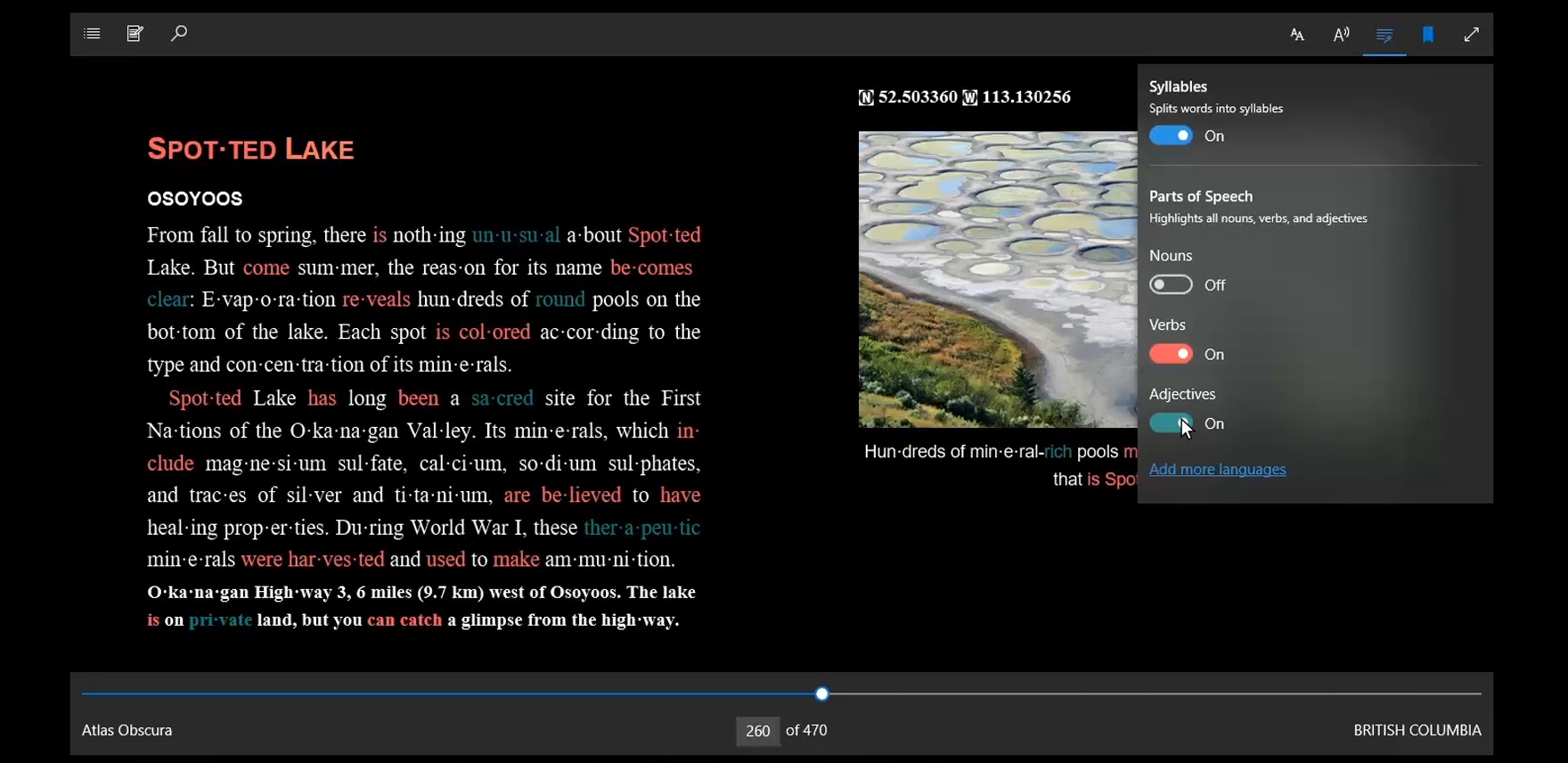 Screenshot of Reading View, opened to Grammar Tools