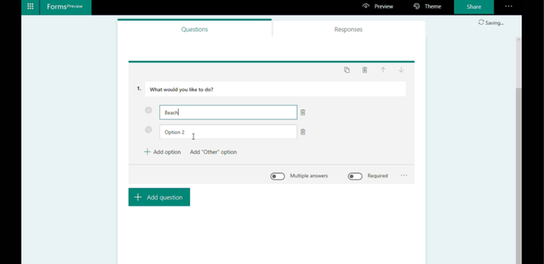 Screenshot of a question being asked -- What would you like to do? And one answer on the first option: Beach
