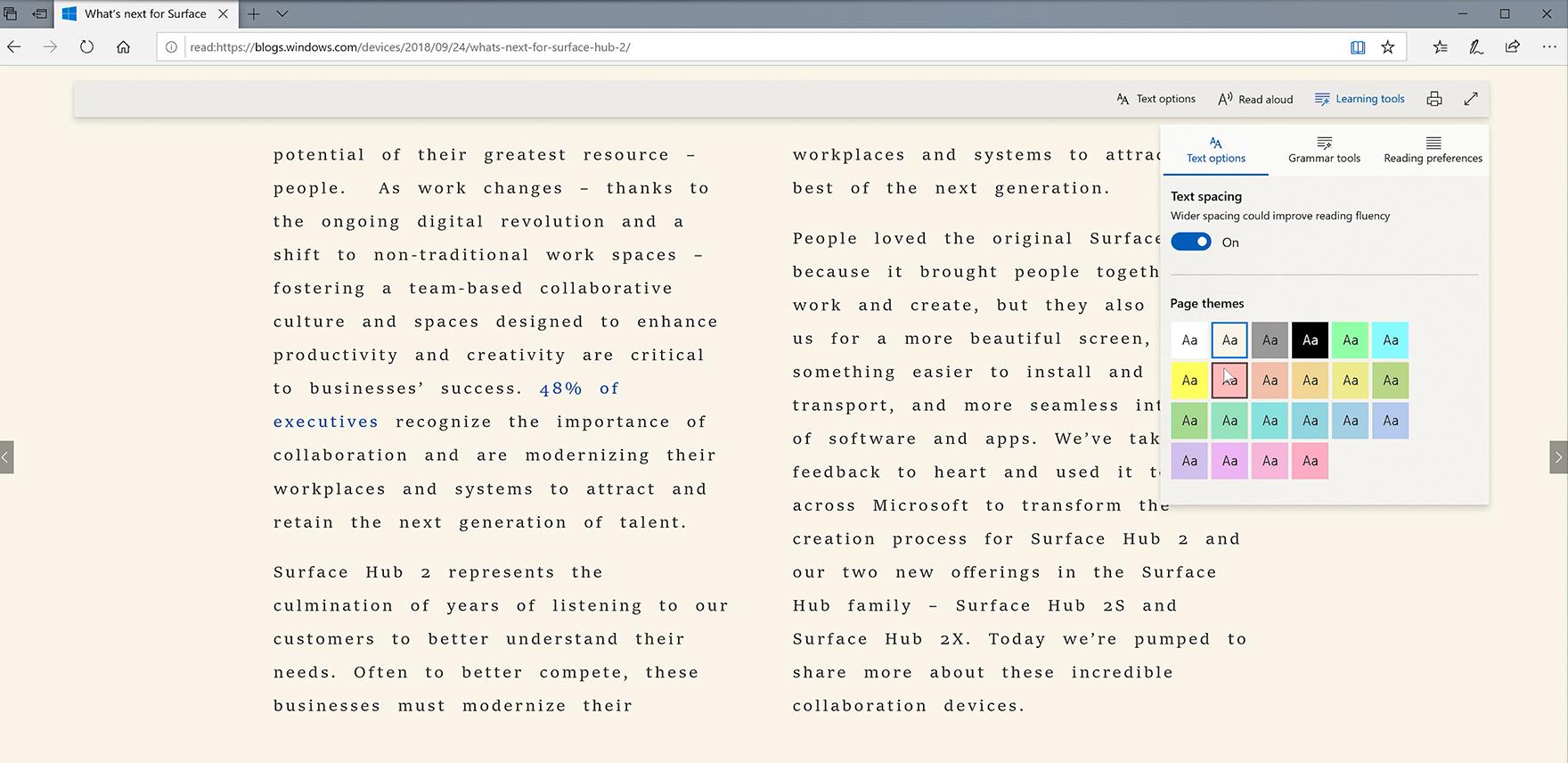 Screenshot of an open page in Microsoft Edge, with a dialog box open to text spacing and page theme options