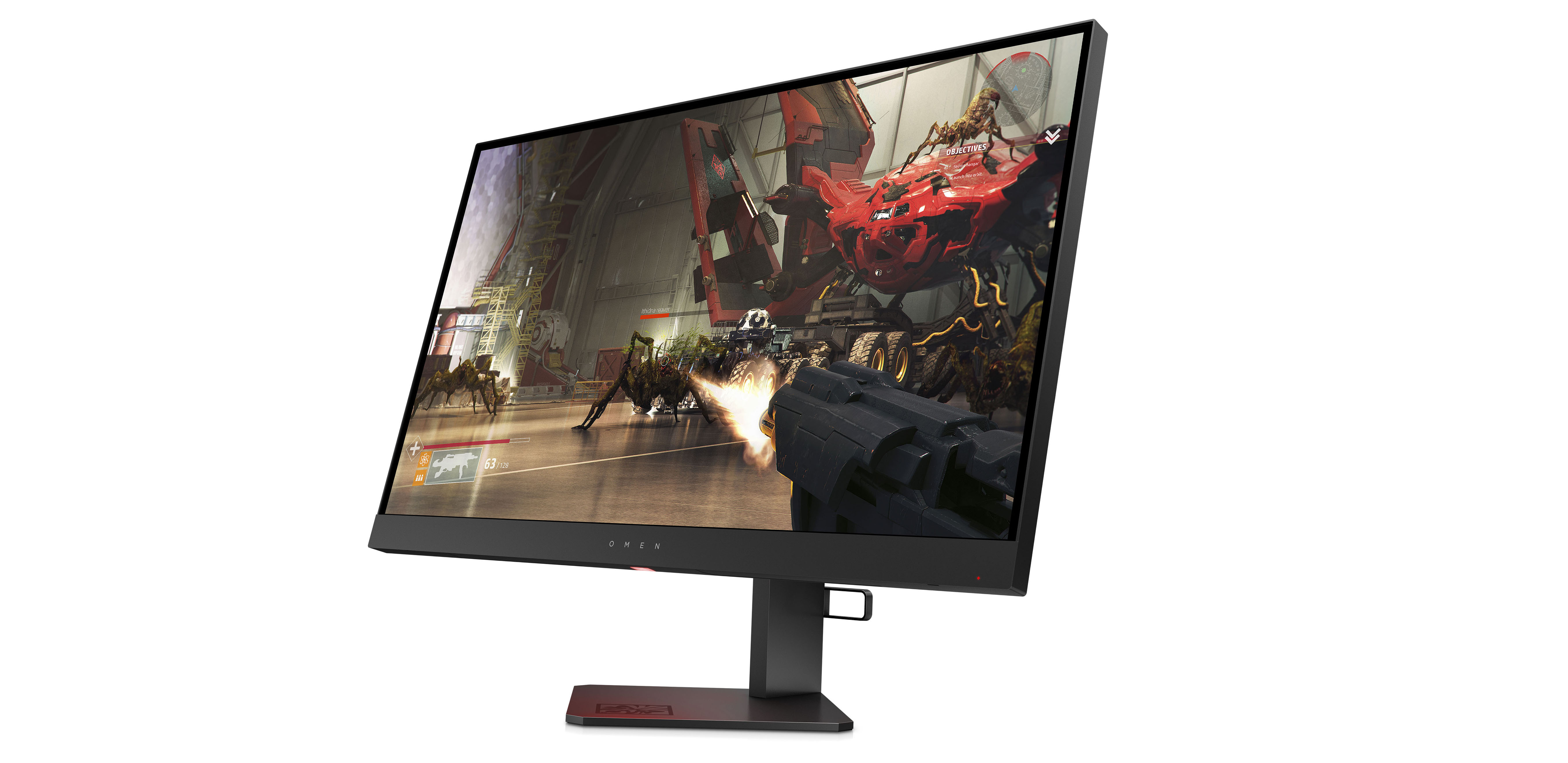Photo of OMEN X 27 gaming monitor with a first-person shooter game on screen