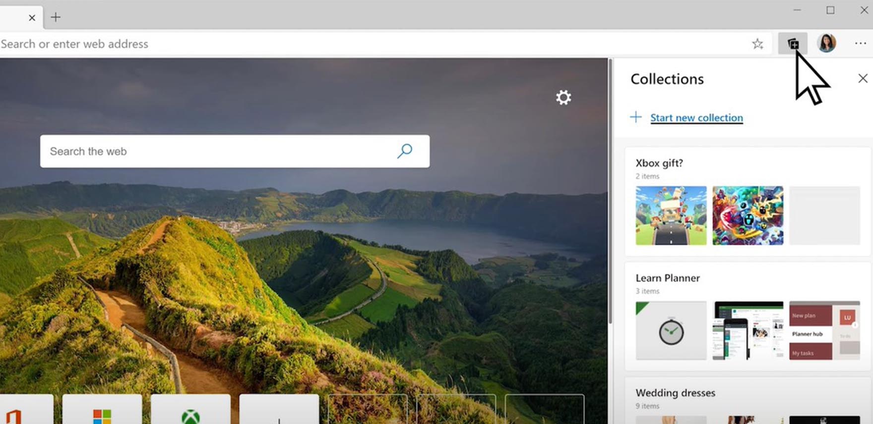 Bing search open to Collections on the right frame