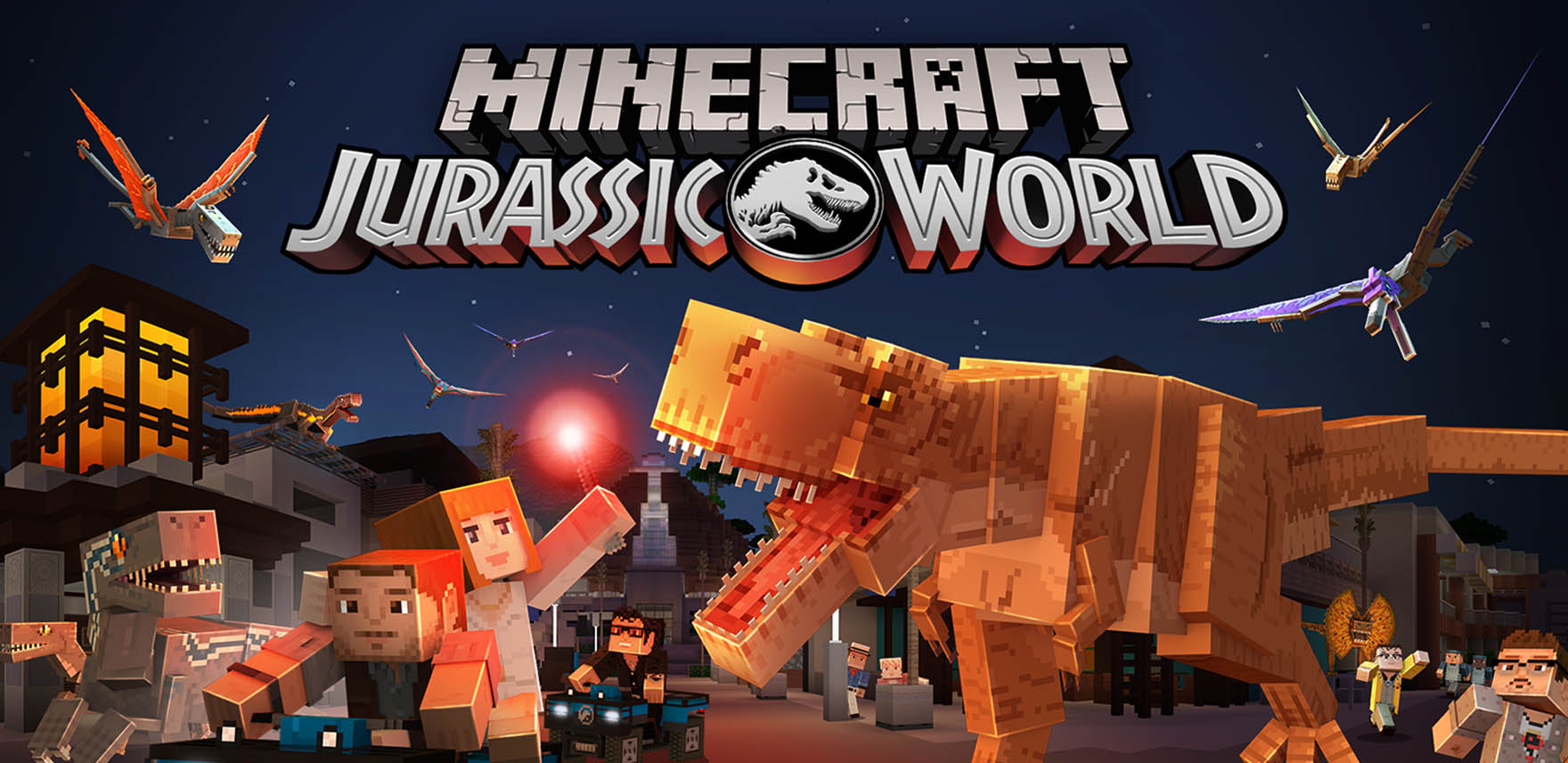 Minecraft park ranger and dinosaur facing off against each other as other dinosaurs and people scramble around them