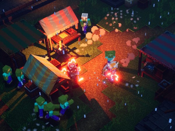 Lit Minecraft courtyard