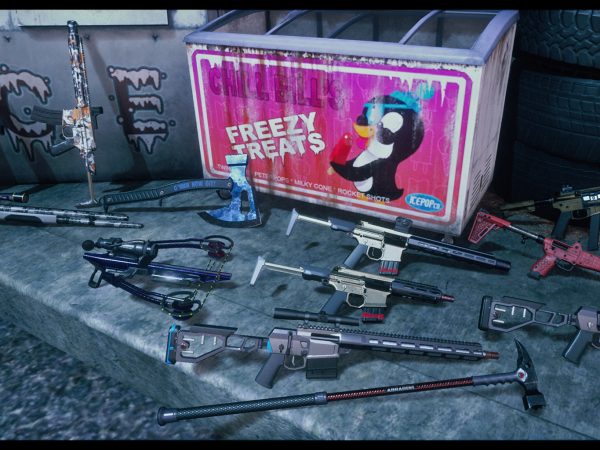 Guns scattered in front of a box