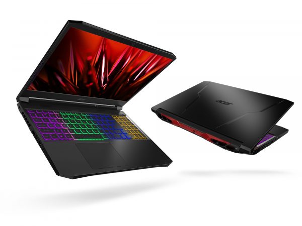 Two Acer Nitro 5 laptops, one open to show keyboard lit up in colors and one slightly closed facing away from reader