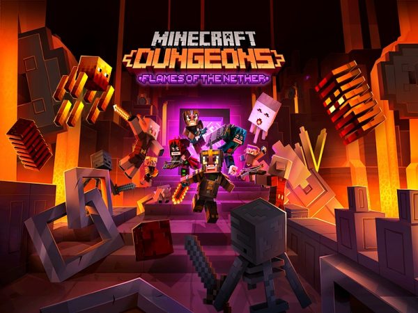 Minecraft characters flying out of purple and orange doorway