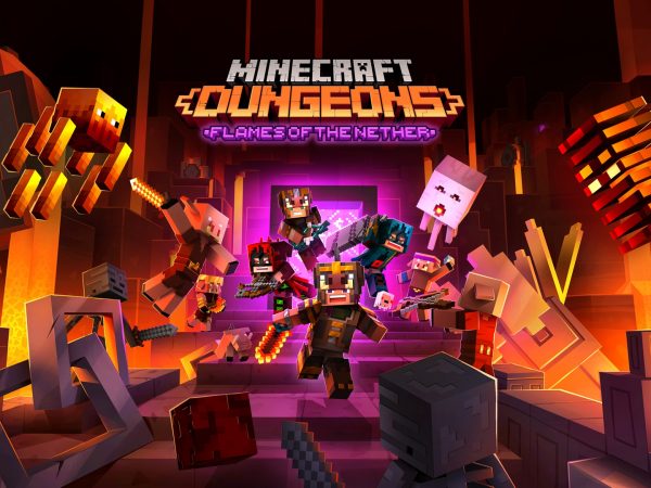 Minecraft characters coming out of a purple flame