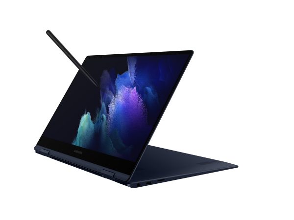 Laptop in tablet mode with pen hovering over screen