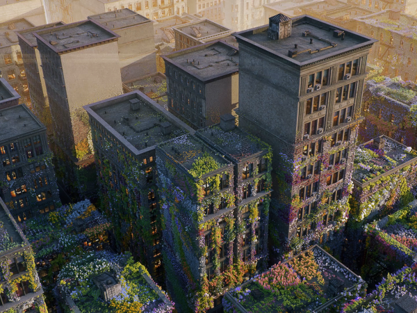 City buildings covered in flowers