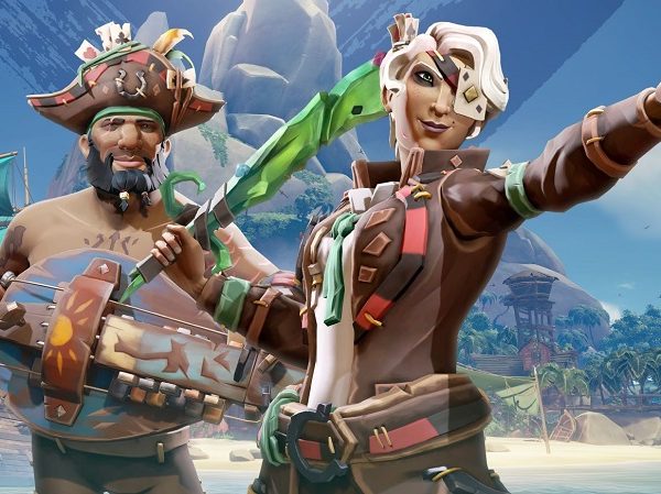 Pirate ship, pirate and female swashbuckler holding a sword and pointing right