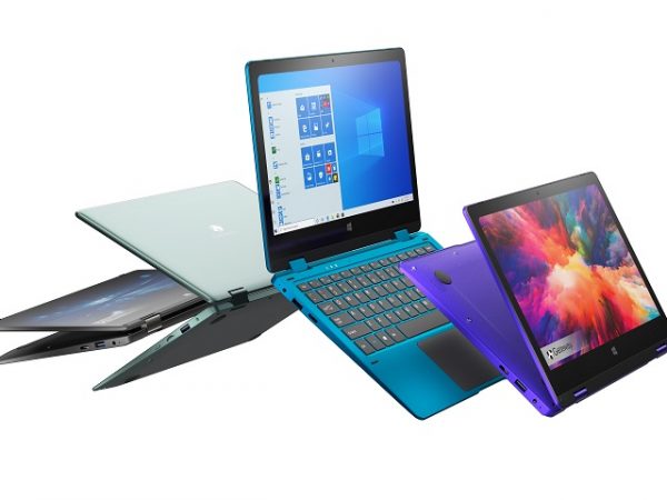 Four Gateway laptops side by side, open and floating