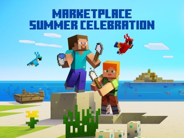 Minecraft figures on a beach with birds flying nearby