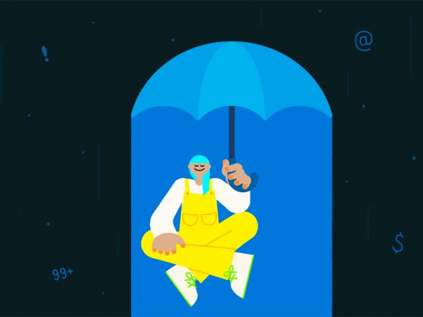 Cartoon of a smiling person sitting under an umbrella