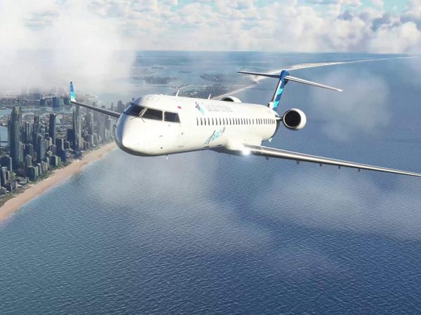 Aerosoft CRJ 900/1000 in flight over a city