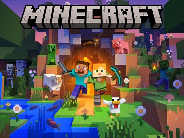 Two Minecraft figures coming out of a doorway