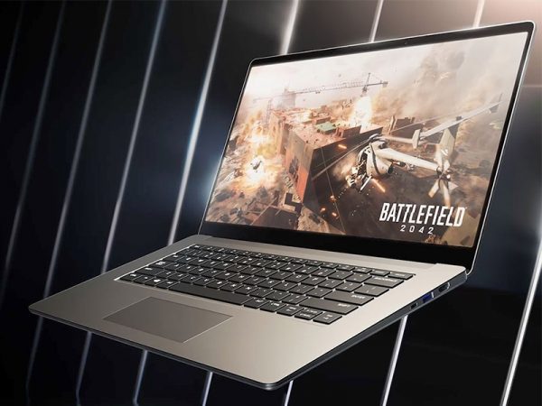 Laptop open and facing left