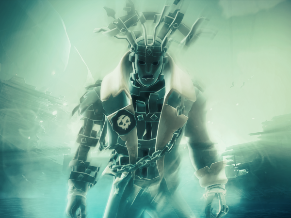 Sea of Thieves character wearing a headdress and standing in front of a wrecked ship