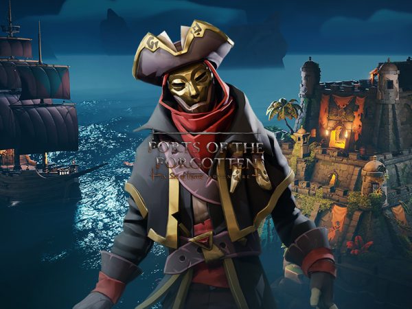 Sea of Thieves character with ship and castle
