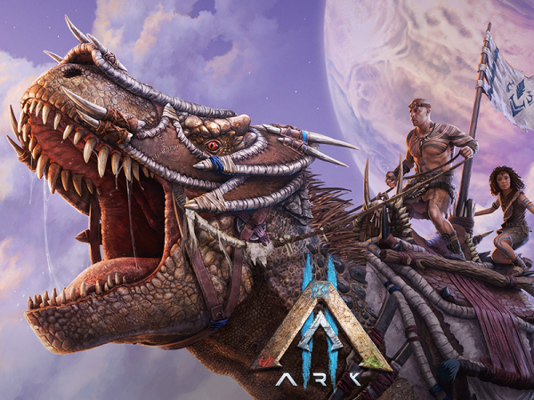 Two humans riding on the back of a roaring dinosaur