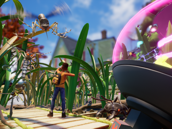 Shrunken boy wearing a backpack in a field of grass takes aim at huge mosquitos