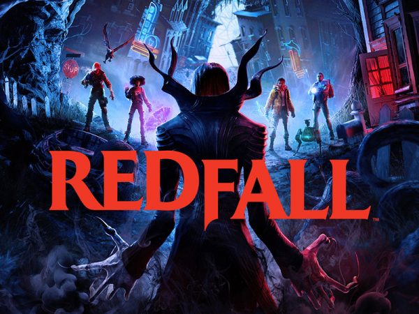 Five characters from Redfall, one in the foreground with his back to the camera