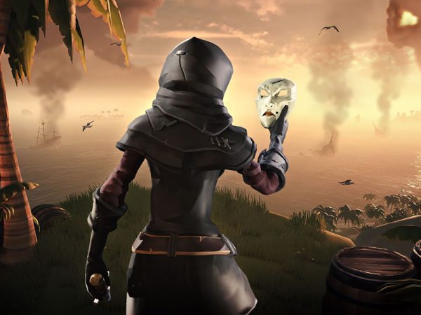 Viewed from the rear, a Sea of Thieves character looks into the eyes of a mask they are holding