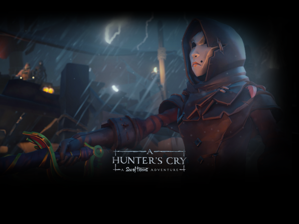 Hooded character holds the wheel of a pirate ship on a stormy night