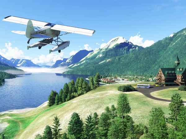 Plane flying over Prince of Wales Hotel National Historic Site in Alberta, Canada