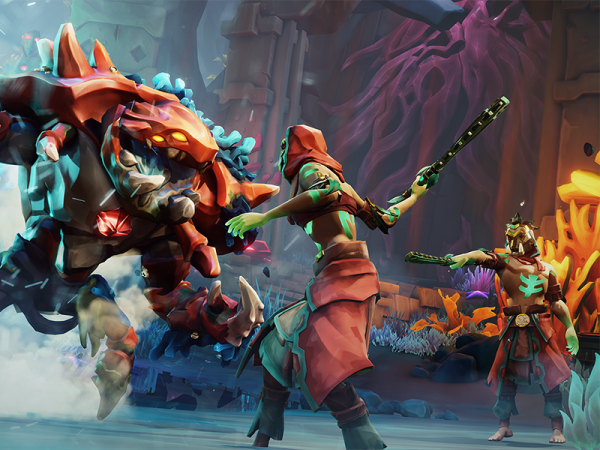 Two Sea of Thieves characters battle crablike monsters under the sea