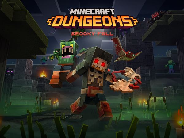Minecraft characters flee into the night under a blocky moon