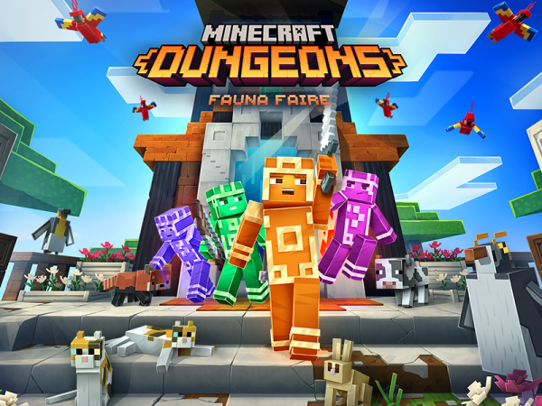 Minecraft characters emerge from a blocky structure